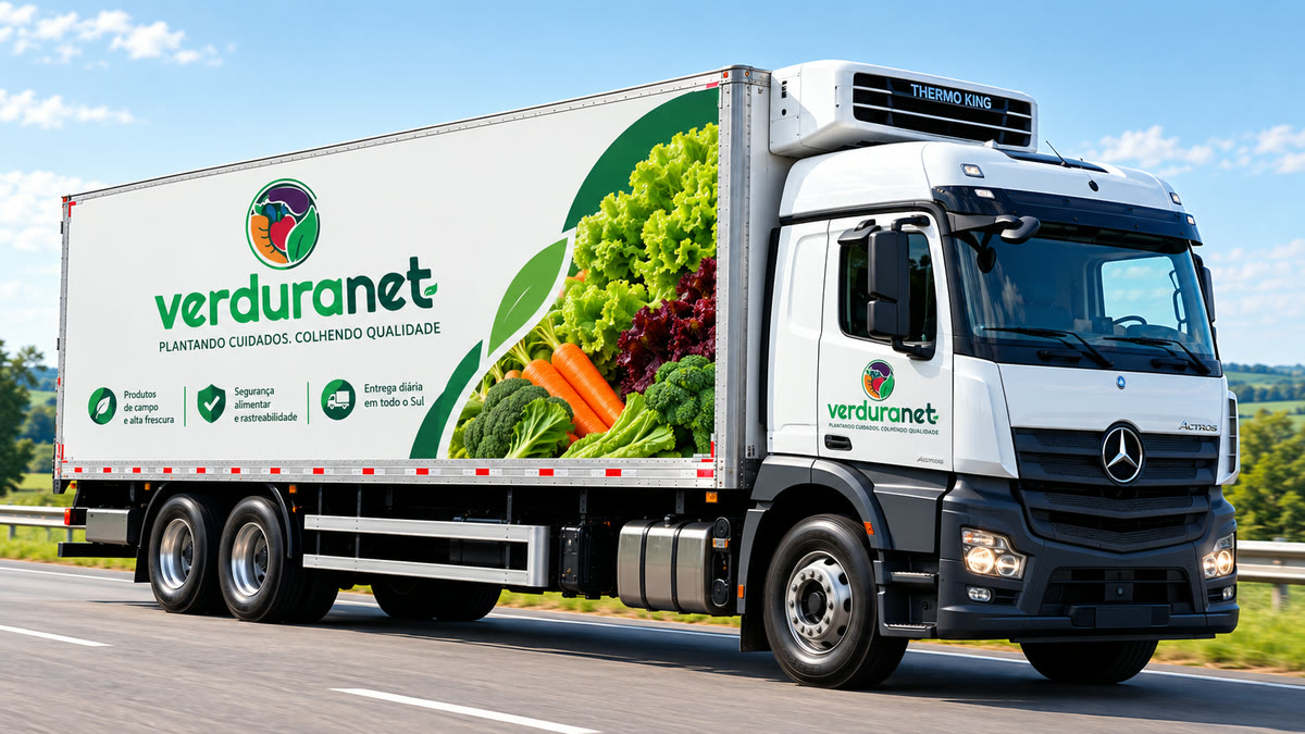 Caminhão refrigerado da Verduranet em estrada, com a marca aplicada no baú